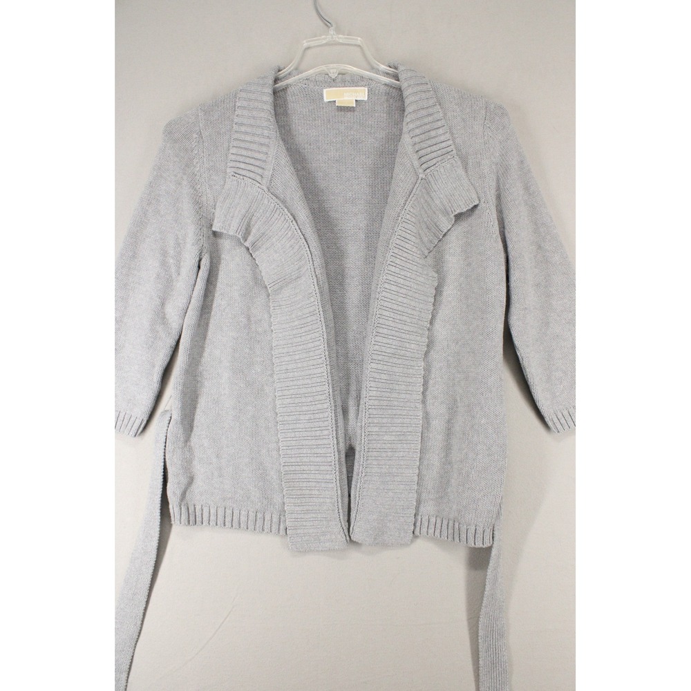 Michael Kors Cardigan Ruffle Open Front Womens L Gray Cotton Belted Preppy